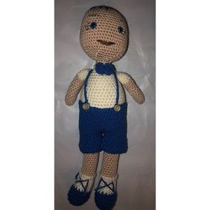 Handmade Crochet Amigurumi Boy Kid Doll 12" Plush Blue Eyes Suspenders Bow Tie